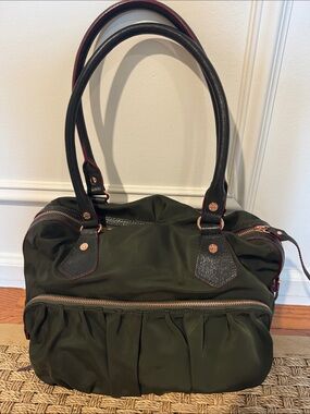 MZ Wallace Olive Green Nylon Tote Bag with red accent and rose gold hardware